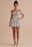 Off The Shoulder White Black Polka Dots A Line Graduation Dress
