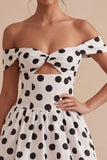 Off The Shoulder White Black Polka Dots A Line Graduation Dress