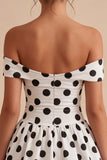 Off The Shoulder White Black Polka Dots A Line Graduation Dress