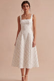 White and Black Thick Straps A Line Midi Polka Dots Dress