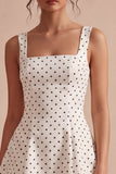 White and Black Thick Straps A Line Midi Polka Dots Dress