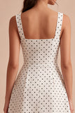 White and Black Thick Straps A Line Midi Polka Dots Dress