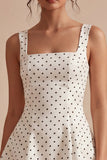 White Black Dots Square Neck A Line Graduation Dress