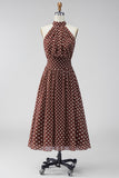 Coffee White A-Line Halter Neck Chiffon Backless Midi Polka Dots Dress