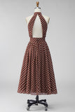 Coffee White A-Line Halter Neck Chiffon Backless Midi Polka Dots Dress