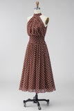 Coffee White A-Line Halter Neck Chiffon Backless Midi Polka Dots Dress