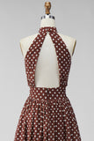 Coffee White A-Line Halter Neck Chiffon Backless Midi Polka Dots Dress