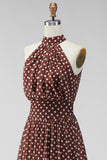 Coffee White A-Line Halter Neck Chiffon Backless Midi Polka Dots Dress