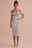Bodycon White and Black Keyhole Off the Shoulder Midi Polka Dots Dress