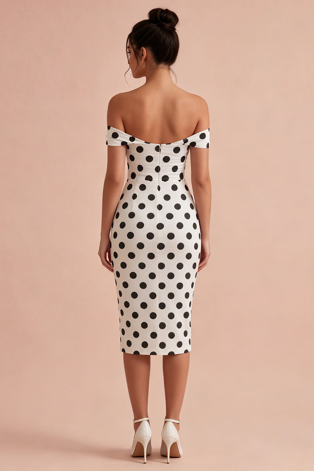 black and white polka dot dress off the shoulder Off-The-Shoulder Polka Dot Midi Dress