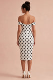 Bodycon White and Black Keyhole Off the Shoulder Midi Polka Dots Dress