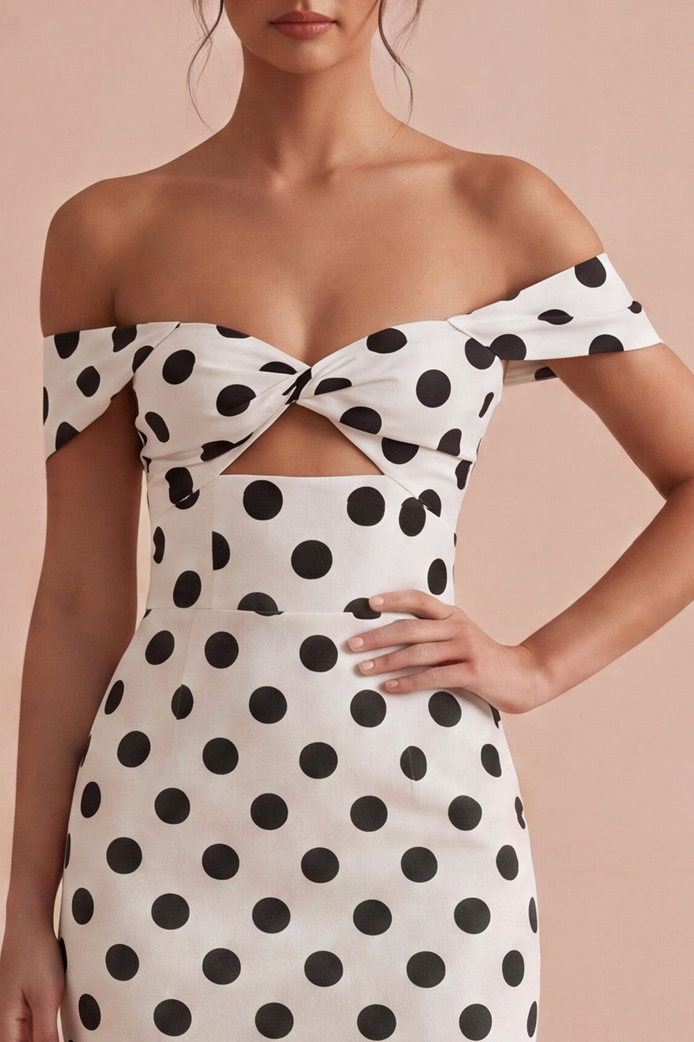 Zapaka Women White and Black Midi Polka Dots Dress Keyhole Off the Shoulder Bodycon Wedding Guest Dress, White Black Dot / US22W