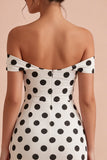 Bodycon White and Black Keyhole Off the Shoulder Midi Polka Dots Dress