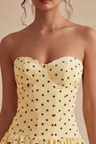 Strapless Yellow Black Dots A Line Graduation Dress