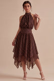 Coffee and White High Neck A Line Asymmetrical Polka Dots Dress