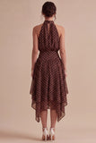 Coffee and White High Neck A Line Asymmetrical Polka Dots Dress