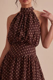 Coffee and White High Neck A Line Asymmetrical Polka Dots Dress
