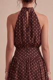 Coffee and White High Neck A Line Asymmetrical Polka Dots Dress