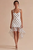 White Black Dots Ruffled High Low Graduation Dress