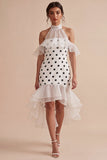 Cold Shoulder White Black Dots Ruffled High Low Mermaid Graduation Dress