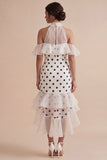 Cold Shoulder White Black Dots Ruffled High Low Mermaid Graduation Dress