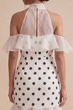 Cold Shoulder White Black Dots Ruffled High Low Mermaid Graduation Dress