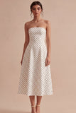 White and Black Strapless A Line Midi Polka Dots Dress