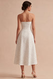 White and Black Strapless A Line Midi Polka Dots Dress