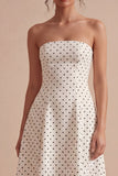 White and Black Strapless A Line Midi Polka Dots Dress