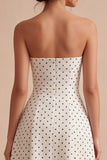 White and Black Strapless A Line Midi Polka Dots Dress