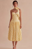 Yellow and Black A Line Midi Strapless Polka Dots Dress
