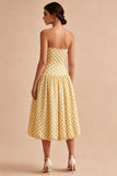Yellow and Black A Line Midi Strapless Polka Dots Dress