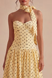 Yellow and Black A Line Midi Strapless Polka Dots Dress