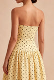 Yellow and Black A Line Midi Strapless Polka Dots Dress