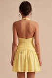 A Line Short Daffodil Halter Ruched Backless Graduation Dress