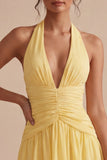 A Line Short Daffodil Halter Ruched Backless Graduation Dress
