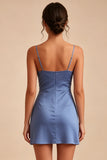 Steel Blue Tight Short Spaghetti Straps Graduation Dress