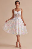 Corset Floral White Midi Thick Straps Beaded A Line Graduation Dress