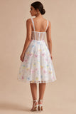 Corset Floral White Midi Thick Straps Beaded A Line Graduation Dress
