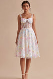 Corset Floral White Midi Thick Straps Beaded A Line Graduation Dress