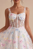 Corset Floral White Midi Thick Straps Beaded A Line Graduation Dress