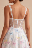 Corset Floral White Midi Thick Straps Beaded A Line Graduation Dress