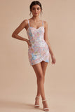 Floral Sparkly Pink Tight Short Thick Straps Beaded Graduation Dress