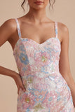 Floral Sparkly Pink Tight Short Thick Straps Beaded Graduation Dress