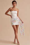 Strapless Floral White Tight Short Beaded Graduation Dress with Sash