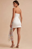 Strapless Floral White Tight Short Beaded Graduation Dress with Sash