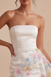 Strapless Floral White Tight Short Beaded Graduation Dress with Sash