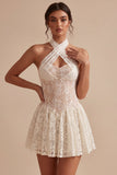 Floral Ivory Halter Keyhole Lace Short A Line Graduation Dress
