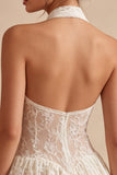 Floral Ivory Halter Keyhole Lace Short A Line Graduation Dress