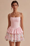 Pink A Line Short Floral Spaghetti Straps Graduation Dress with Ruffles